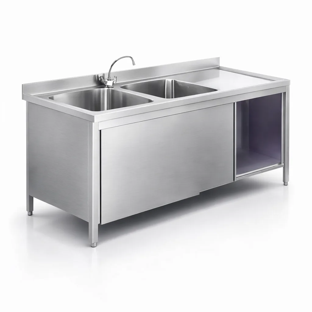 Edelstahl-Arbeitstisch mit Spülbecken und Schrank